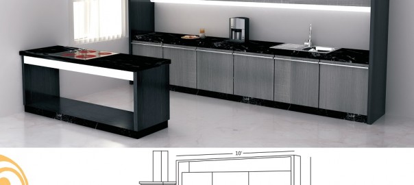 Single Line Large Kitchen design with a Serving Table